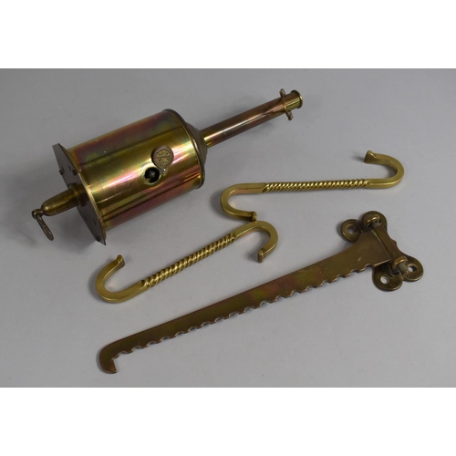 183 - A Brass Clockwork Meat Jack by Salters Together with Hinged Brass Crane and Two Meat Hooks