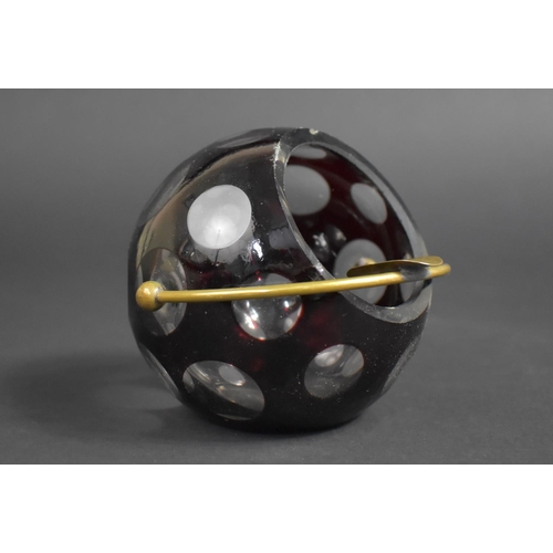 383 - A Mid 20th Century Desktop Bohemian Glass Ashtray or Pen Holder of Globular having Polkadot Ruby Ove... 