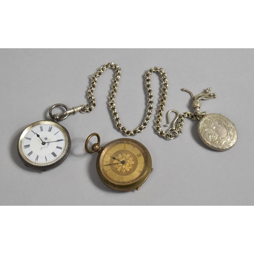 385 - A Ladies Silver Cased Pocket Watch Having White Metal Fob Chain with Locket Together with a Further ... 