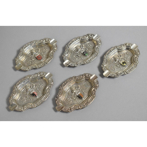 391 - A Set of Five Pressed Silver Ashtrays with Enamelled Armorial Shield, Stamped 800, 9.5cm wide