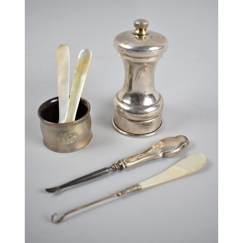 393 - A Collection of Various Items to Comprise Silver Napkin Ring Silver Handled Manituce Tool, Mother of... 