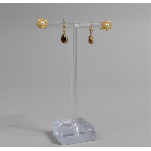 404 - Two Pairs of Gold Coloured Metal Earrings to Include Drop Garnet and Faux Pearl Examples