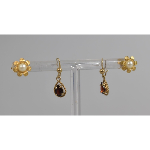 404 - Two Pairs of Gold Coloured Metal Earrings to Include Drop Garnet and Faux Pearl Examples