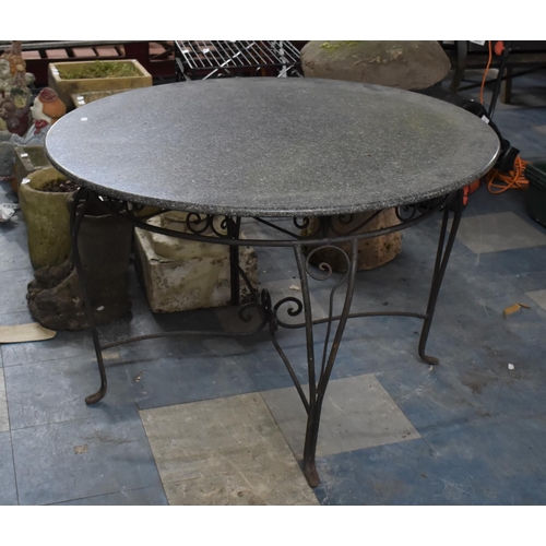 412 - A Circular Topped Garden Patio Coffee Table Supported on Wrought Iron Base, Scrolled Form 99cms Diam... 