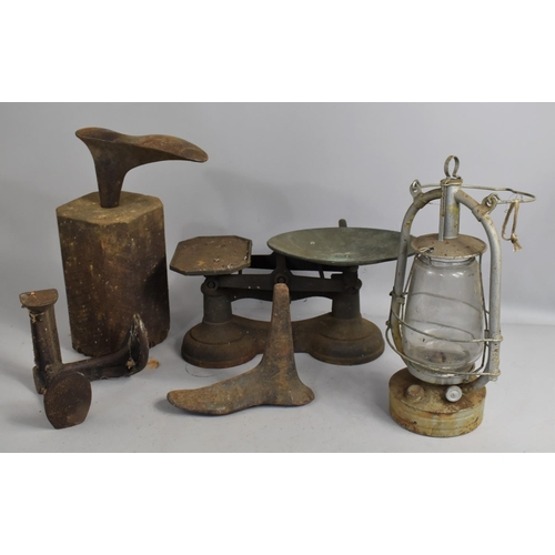 427 - A Collection of Shoe Lasts and Wooden Stands together with a pair of Vintage Scales and a Lantern