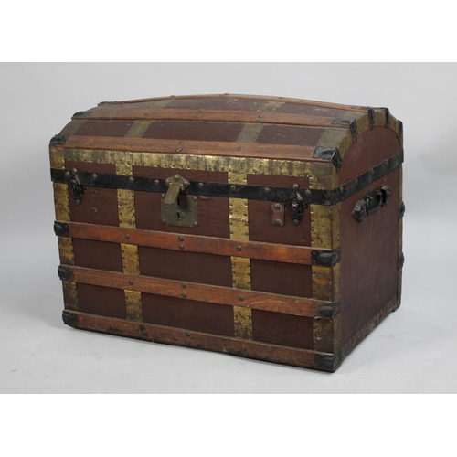 489 - A Wooden Banded Dome Trunk with Twin Drop Carry Handles