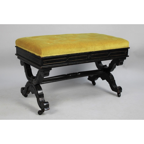 516 - A 19th Century Ebonised Twin Stool on X Frame Support with Central Stretcher and Caster Feet, Hinged... 