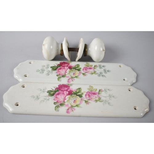 128 - A Pair of Rose Patterned Ceramic Door Finger Plates together with a Set of Matching Ceramic Door Kno... 