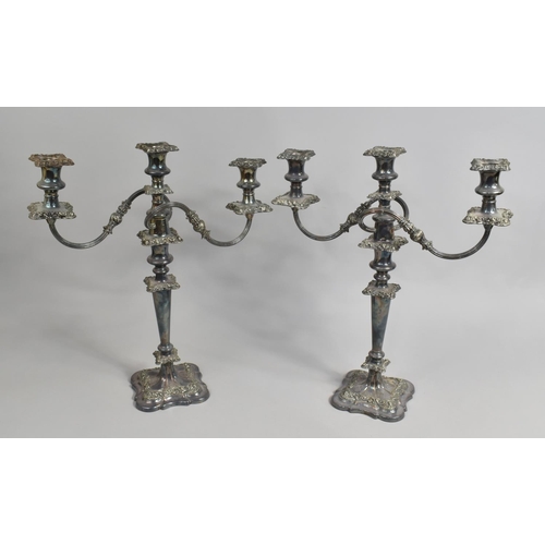 19 - A Pair of Large Silver Plated Three Branch Candelabra, 46cms High