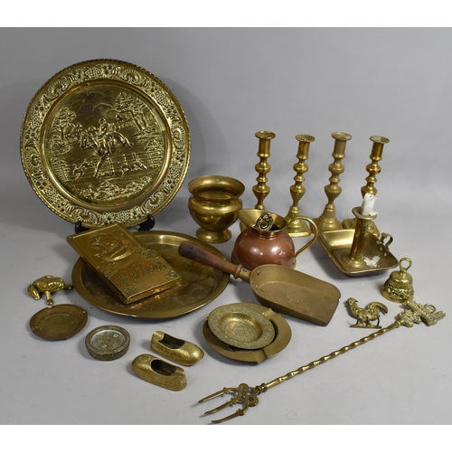 296 - A Collection of Various Brassware to include Candlesticks, Copper and Brass Jug, Bedchamber Stick Et... 