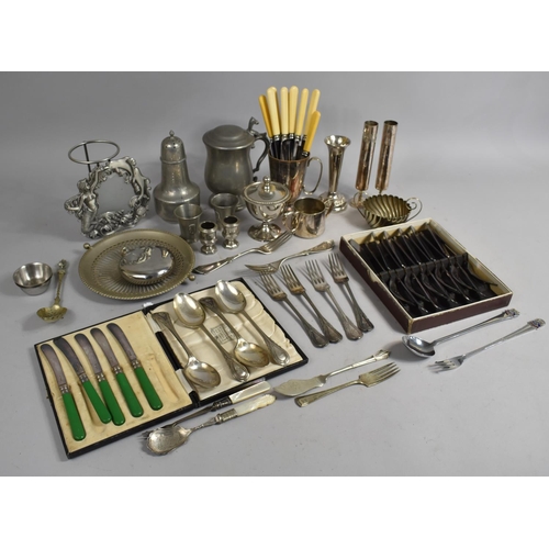 299 - A Collection of Various Silver Plated Items to include Cutlery, Tankard, Vases, Etc