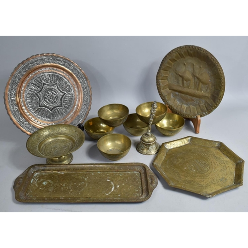 304 - A Collection of Various Islamic and Indian Brass to include Temple Bell, Bowls, Trays, together with... 