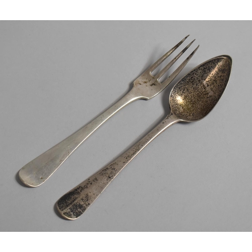 367 - A French White Metal Trident Fork and Spoon, Hallmarked and with Monogrammed Finial