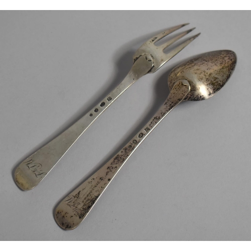 367 - A French White Metal Trident Fork and Spoon, Hallmarked and with Monogrammed Finial