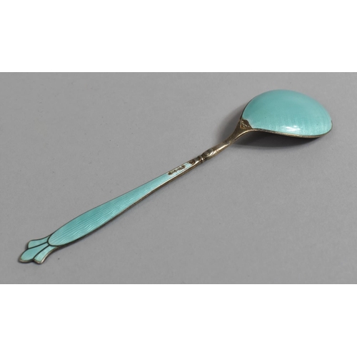 368 - A Blue Enamelled Spoon with Fleur Finial Together with a Pair of White Metal and Glass Candle Pricke... 