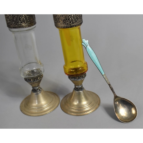 368 - A Blue Enamelled Spoon with Fleur Finial Together with a Pair of White Metal and Glass Candle Pricke... 