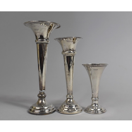 375 - Three Silver Bud Vases, the Tallest AF, 15cm, 13cm and 8cm high