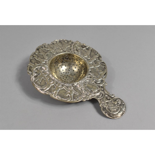 377 - A Late 19th Century Continental Silver Tea Strainer of Shaped Form with Handle Having Repousse Decor... 