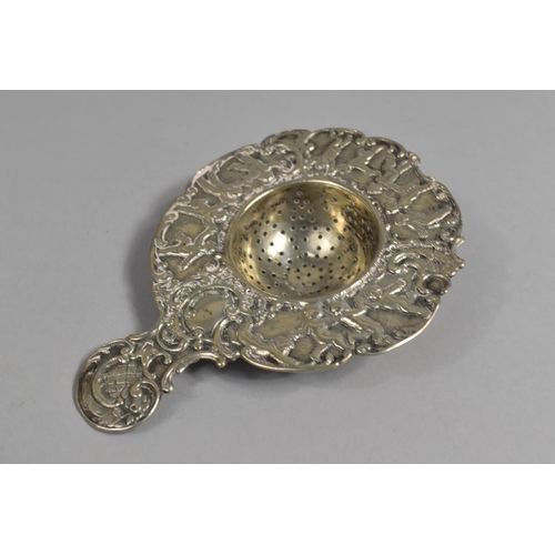 377 - A Late 19th Century Continental Silver Tea Strainer of Shaped Form with Handle Having Repousse Decor... 