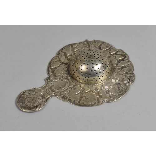 377 - A Late 19th Century Continental Silver Tea Strainer of Shaped Form with Handle Having Repousse Decor... 