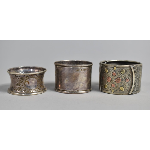 378 - Two Hallmarked Silver Napkin Rings Together with an Unmarked Example Having Mixed Metal Design on St... 