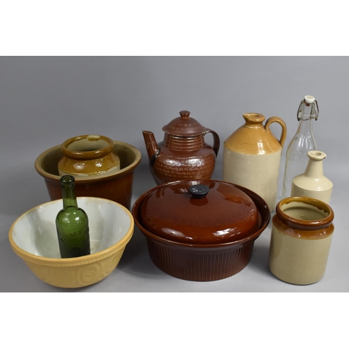 412 - A Collection of Various Glazed Stoneware to include Various Bottles, Mixing Bowls, Glass Bottles Etc