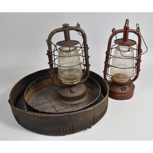 416 - Two Vintage Lanterns together with Two Circular Sifting Sieves