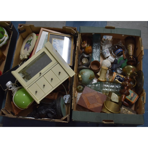 427 - Two Boxes of Various Sundries to comprise Marble Stop Bottle, Bark Glass Sleeve Vase, Brassware Etc