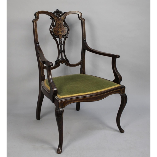 496 - An Edwardian Ladies Nursing Armchair with Front Cabriole Supports, Pierced and Carved Central Splat ... 