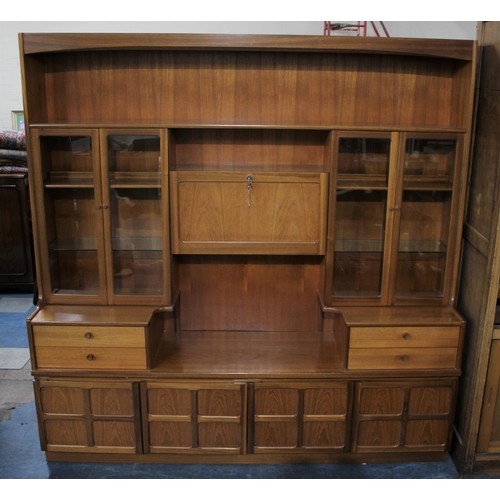 465 - A Nathan 1960's Teak Lounge Unit with Central Fold Down Mirrored Drinks Cabinet Store, Flanked by Gl... 