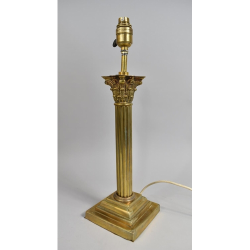 103 - A Vintage Brass Table Lamp Base in the Form of a Reeded Corinthian Column on Stepped Plinth, 47cm hi... 