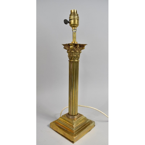 103 - A Vintage Brass Table Lamp Base in the Form of a Reeded Corinthian Column on Stepped Plinth, 47cm hi... 