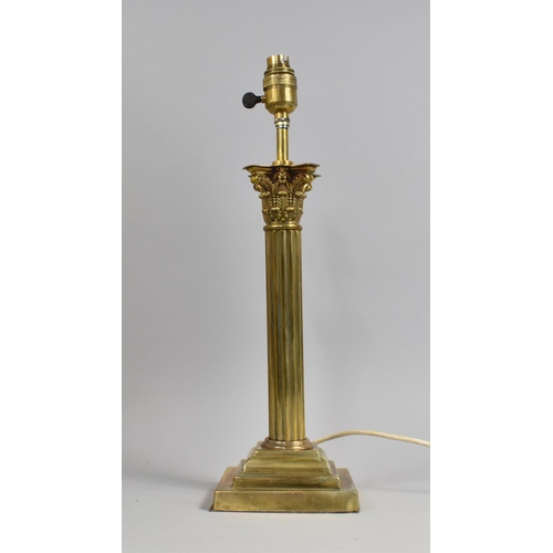 103 - A Vintage Brass Table Lamp Base in the Form of a Reeded Corinthian Column on Stepped Plinth, 47cm hi... 