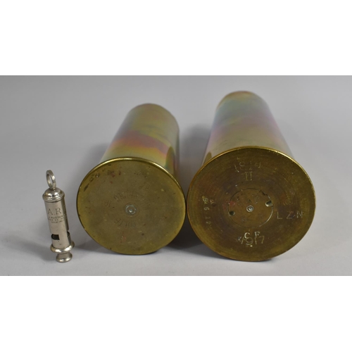 116 - Two WWI Brass Shell Cases Dated 1917, together with a WWII ARP Whistle