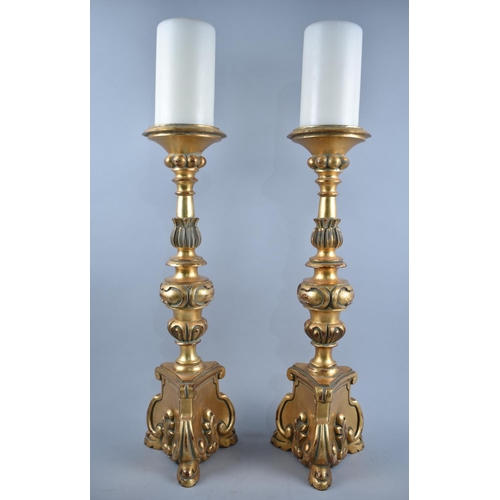 128 - A Pair of Modern French Style Gilt Candle Prikets, Triform Base, 46cm high