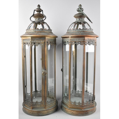 131 - A Pair of Tall Reproduction Octagonal Copper Lanterns, 58cm high