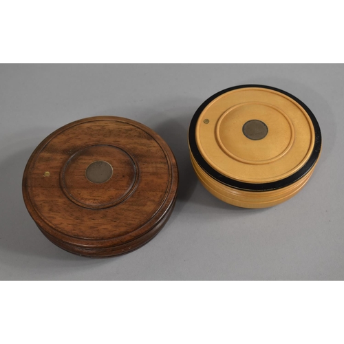 139 - Two Circular Turned Treen Boxes with Swivel Lids Having Silver Mounts