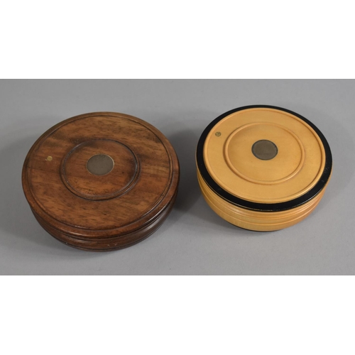 139 - Two Circular Turned Treen Boxes with Swivel Lids Having Silver Mounts