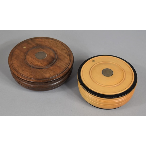 139 - Two Circular Turned Treen Boxes with Swivel Lids Having Silver Mounts