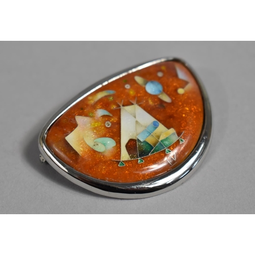 499 - An Interesting Contemporary Cloisonne Brooch of Pebble form Decorated with Teepee Desert Scene Incor... 