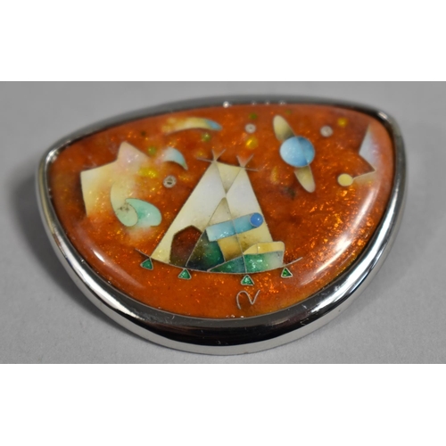 499 - An Interesting Contemporary Cloisonne Brooch of Pebble form Decorated with Teepee Desert Scene Incor... 