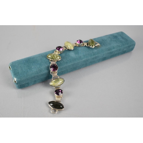 505 - A Irish Silver, Connemara Marble and Amethyst Bracelet, Hallmarks to Back, 19cm long