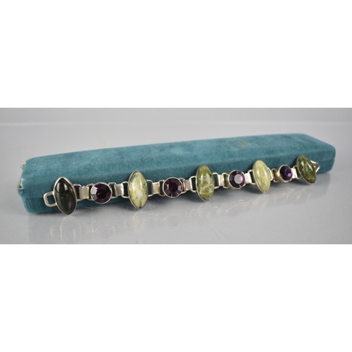 505 - A Irish Silver, Connemara Marble and Amethyst Bracelet, Hallmarks to Back, 19cm long