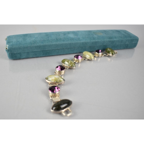 505 - A Irish Silver, Connemara Marble and Amethyst Bracelet, Hallmarks to Back, 19cm long