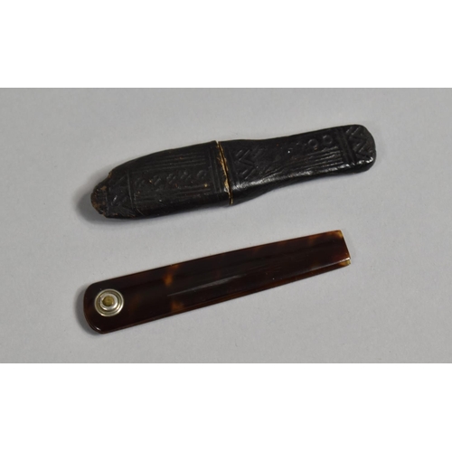 80 - A Leather Cased Folding Knife/Fleam, Tortoiseshell Scales, Blade Inscribed Todd