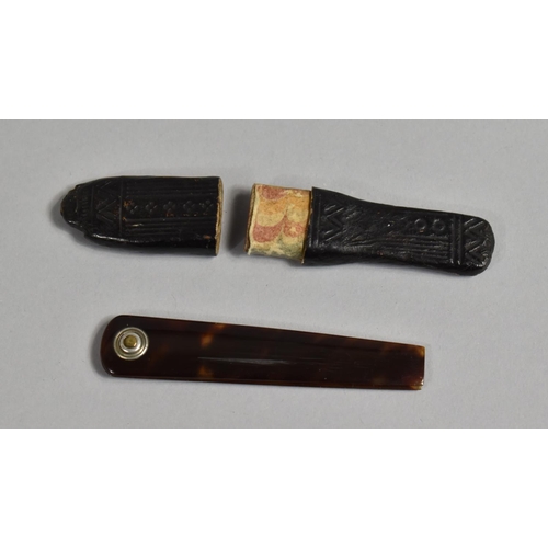 80 - A Leather Cased Folding Knife/Fleam, Tortoiseshell Scales, Blade Inscribed Todd