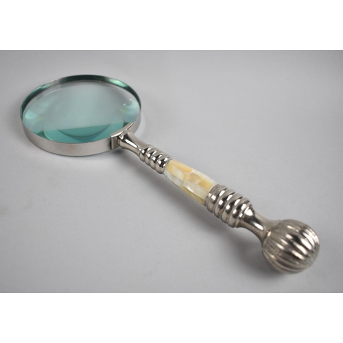 97 - A Modern Desktop Magnifying Glass with Mother of Pearl Handle, 25cm Long