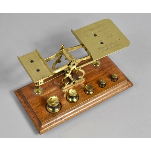 22 - A Set of Vintage Brass Postal Scales on Wooden Rectangular Plinth Base with Graduated Weights, 18cms... 