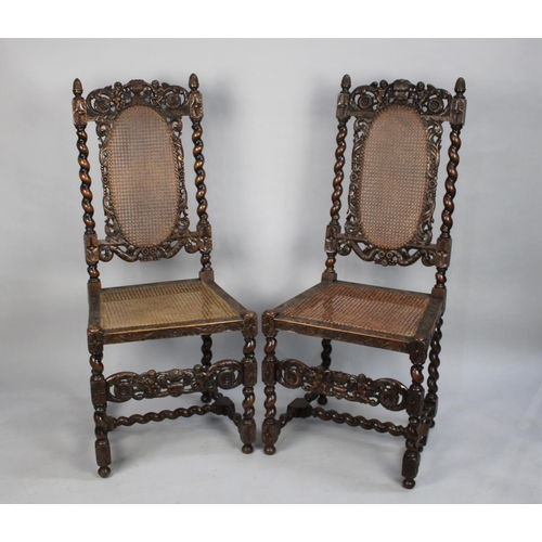 489 - A Pair of Victorian Carved Gothic Revival Caned Seated and Back Hall Chairs with Barley Twist Suppor... 