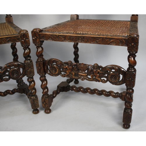 489 - A Pair of Victorian Carved Gothic Revival Caned Seated and Back Hall Chairs with Barley Twist Suppor... 